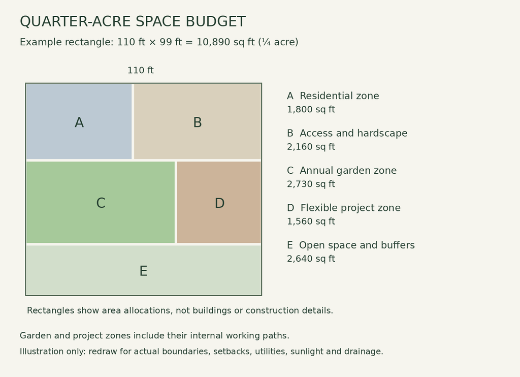 Quarter-acre plot divided into residential, access, annual garden, flexible project, and open-space zones totalling 10,890 square feet.